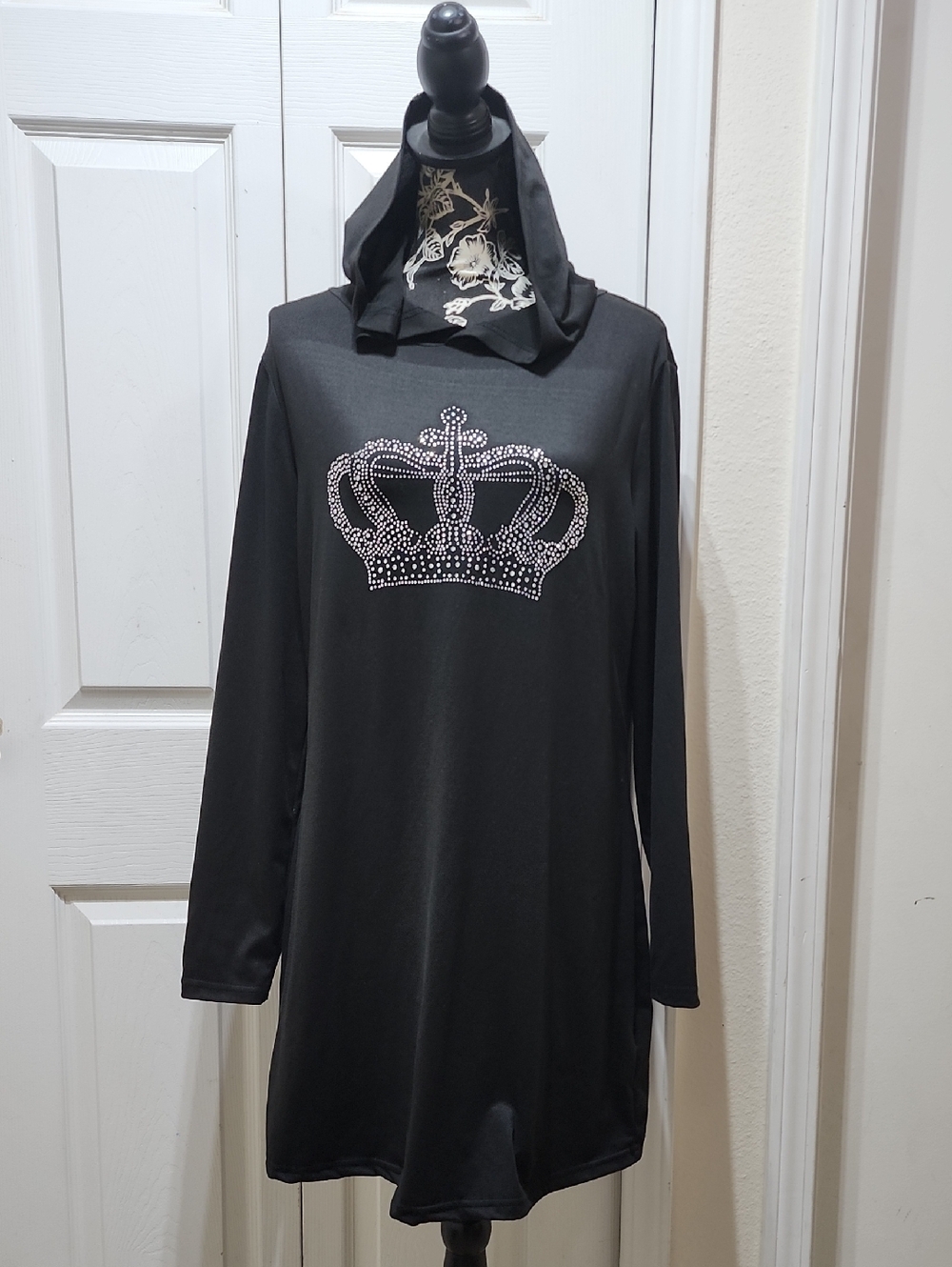 Black Hooded Dress with Rhinestone Crown L